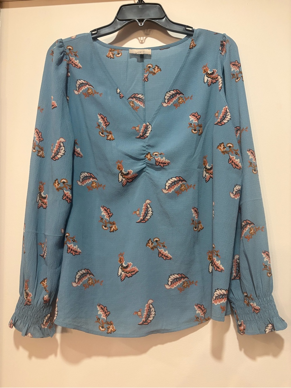 LOFT Blue Floral Twist-Front Long Sleeve Blouse